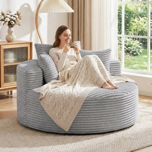 English Elm 55 Inch Round Corduroy Floor Lounge Chair Deep Seat Wraparound Backrest with Memory Foam Pillows Light Grey T6200P542179