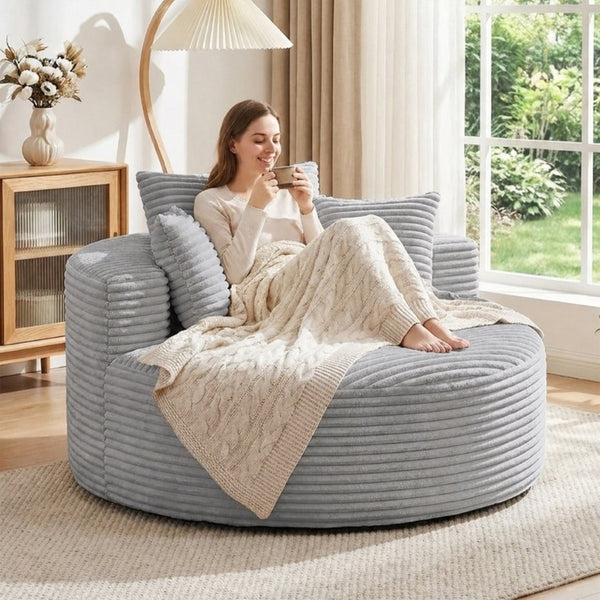 English Elm 55 Inch Round Corduroy Floor Lounge Chair Deep Seat Wraparound Backrest with Memory Foam Pillows Light Grey T6200P542179