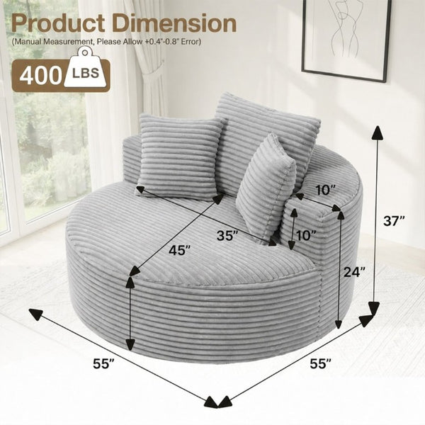 English Elm 55 Inch Round Corduroy Floor Lounge Chair Deep Seat Wraparound Backrest with Memory Foam Pillows Light Grey T6200P542179