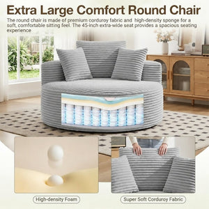 English Elm 55 Inch Round Corduroy Floor Lounge Chair Deep Seat Wraparound Backrest with Memory Foam Pillows Light Grey T6200P542179