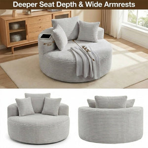 English Elm 55 Inch Round Corduroy Floor Lounge Chair Deep Seat Wraparound Backrest with Memory Foam Pillows Light Grey T6200P542179