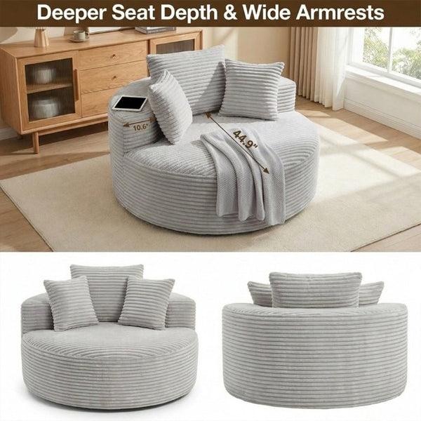 English Elm 55 Inch Round Corduroy Floor Lounge Chair Deep Seat Wraparound Backrest with Memory Foam Pillows Light Grey T6200P542179