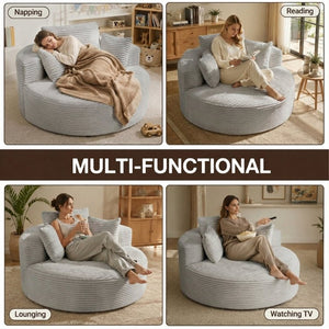 English Elm 55 Inch Round Corduroy Floor Lounge Chair Deep Seat Wraparound Backrest with Memory Foam Pillows Light Grey T6200P542179