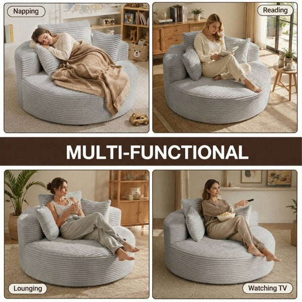 English Elm 55 Inch Round Corduroy Floor Lounge Chair Deep Seat Wraparound Backrest with Memory Foam Pillows Light Grey T6200P542179