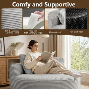 English Elm 55 Inch Round Corduroy Floor Lounge Chair Deep Seat Wraparound Backrest with Memory Foam Pillows Light Grey T6200P542179
