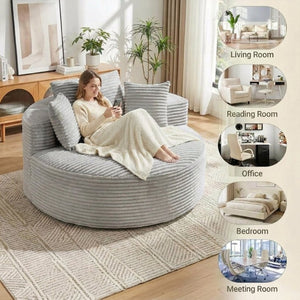 English Elm 55 Inch Round Corduroy Floor Lounge Chair Deep Seat Wraparound Backrest with Memory Foam Pillows Light Grey T6200P542179