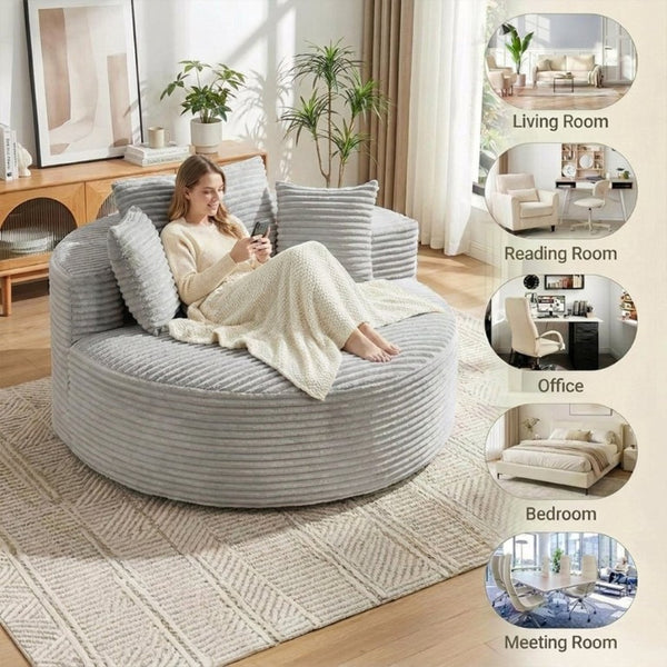 English Elm 55 Inch Round Corduroy Floor Lounge Chair Deep Seat Wraparound Backrest with Memory Foam Pillows Light Grey T6200P542179