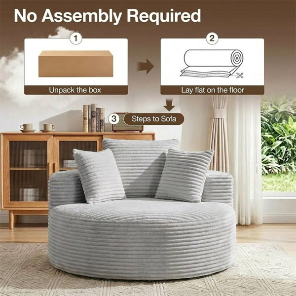 English Elm 55 Inch Round Corduroy Floor Lounge Chair Deep Seat Wraparound Backrest with Memory Foam Pillows Light Grey T6200P542179