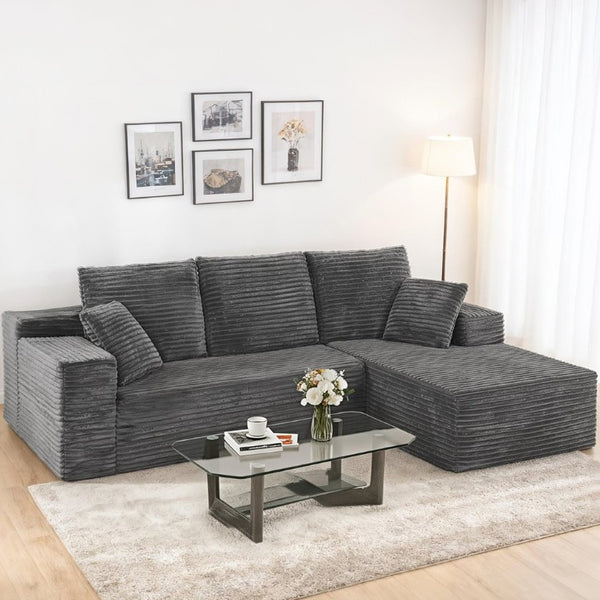 English Elm Grey Corduroy Modular Sectional Sofa Reversible Chaise Living Room Couch Gray Striped T6200S00003