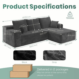 English Elm Grey Corduroy Modular Sectional Sofa Reversible Chaise Living Room Couch Gray Striped T6200S00003