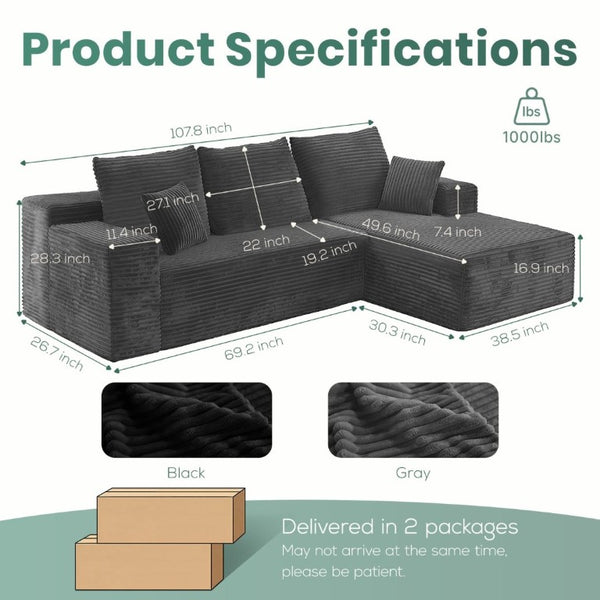 English Elm Grey Corduroy Modular Sectional Sofa Reversible Chaise Living Room Couch Gray Striped T6200S00003