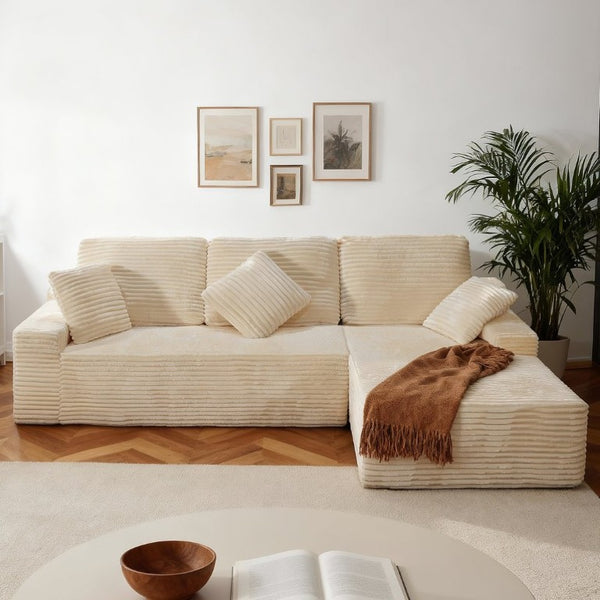 English Elm 105 Inch Modular L Shaped Sectional Sofa with Corduroy Upholstery and Memory Foam Cushions Beige Right Facing T6200S00005