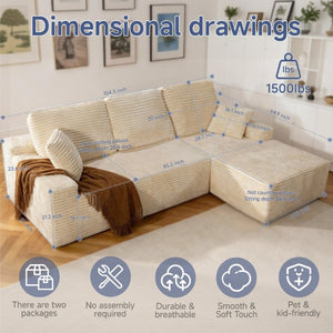 English Elm 105 Inch Modular L Shaped Sectional Sofa with Corduroy Upholstery and Memory Foam Cushions Beige Right Facing T6200S00005