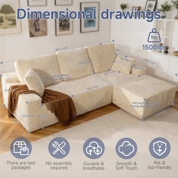 English Elm 105 Inch Modular L Shaped Sectional Sofa with Corduroy Upholstery and Memory Foam Cushions Beige Right Facing T6200S00005