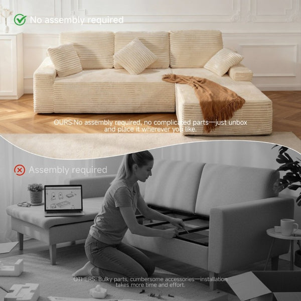 English Elm 105 Inch Modular L Shaped Sectional Sofa with Corduroy Upholstery and Memory Foam Cushions Beige Right Facing T6200S00005