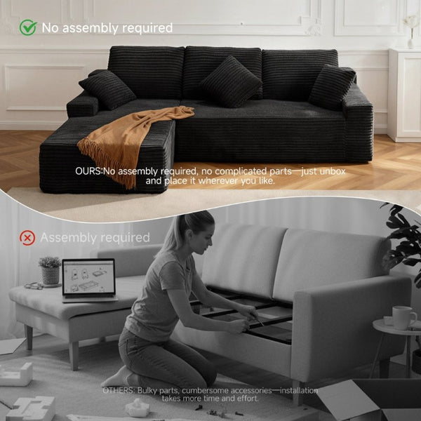 English Elm 105 Inch Modular L Shaped Sectional Sofa with Corduroy Upholstery and Memory Foam Cushions Black Left Facing T6200S00006