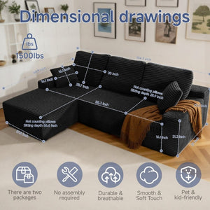 English Elm 105 Inch Modular L Shaped Sectional Sofa with Corduroy Upholstery and Memory Foam Cushions Black Left Facing T6200S00006