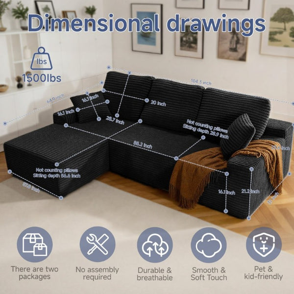 English Elm 105 Inch Modular L Shaped Sectional Sofa with Corduroy Upholstery and Memory Foam Cushions Black Left Facing T6200S00006