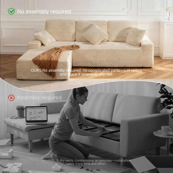 English Elm 105 Inch Modular L Shaped Sectional Sofa with Corduroy Upholstery and Memory Foam Cushions Beige Left Facing T6200S00007