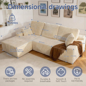 English Elm 105 Inch Modular L Shaped Sectional Sofa with Corduroy Upholstery and Memory Foam Cushions Beige Left Facing T6200S00007