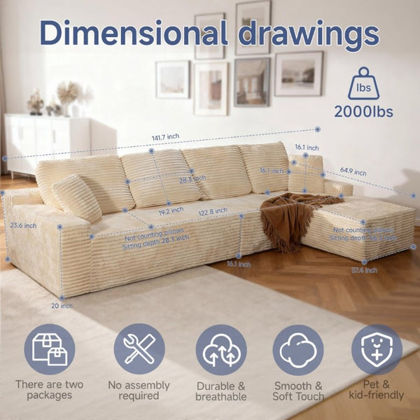 English Elm 142 Inch Cloud Modular Corduroy Sectional Sofa with L Shaped Chaise for Living Rooms Right Facing T6200S00008
