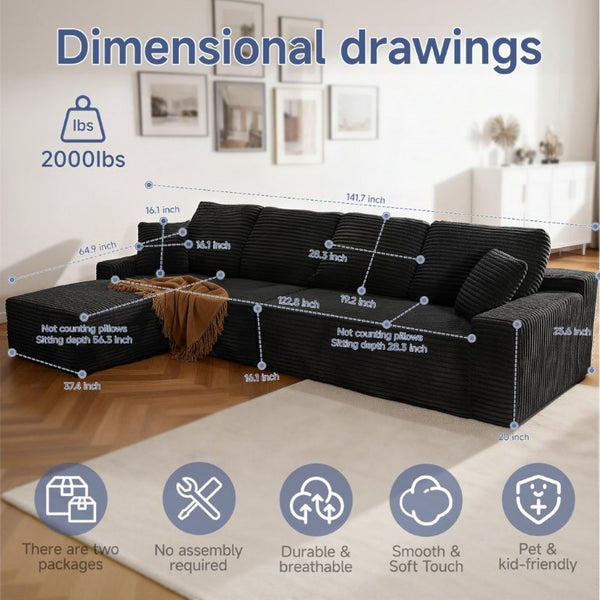 English Elm 142 Inch Corduroy Cloud Sectional Sofa Left Chaise Modular No Assembly Needed T6200S00009