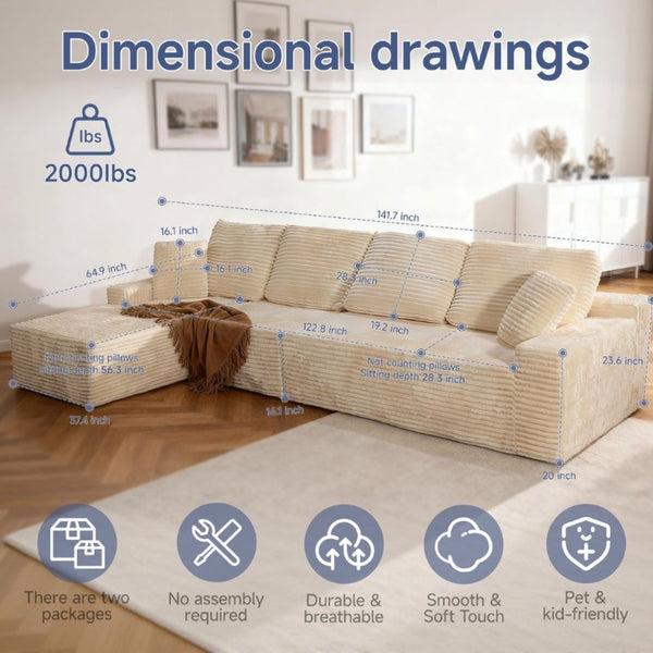 English Elm 142 Inch Cloud Modular Corduroy Sectional Sofa with L Shaped Chaise for Living Rooms Left Facing T6200S00010