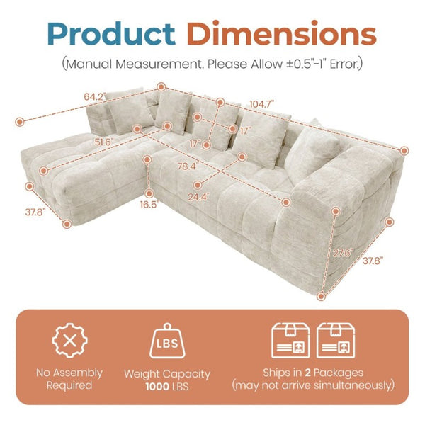 English Elm 104.7''Oversized Chenille Cloud Sectional Deep Seat Modular L-Shape Living Room Couch T6200S00011