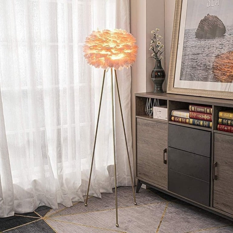English Elm Modern Feather Shade Tripod Floor Lamp 60 Inch Golden Metal Base Glam Bedroom Accent T6202P540606
