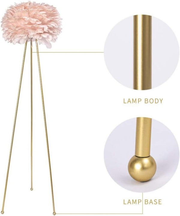 English Elm Modern Feather Shade Tripod Floor Lamp 60 Inch Golden Metal Base Glam Bedroom Accent T6202P540606
