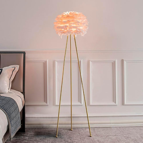 English Elm Modern Feather Shade Tripod Floor Lamp 60 Inch Golden Metal Base Glam Bedroom Accent T6202P540606