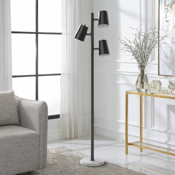 English Elm Modern Three Head Floor Lamp with Marble Base Black Pole 62 Inch Living Room Lighting T6202P542083