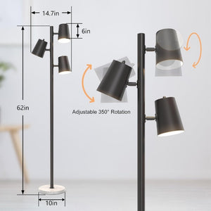 English Elm Modern Three Head Floor Lamp with Marble Base Black Pole 62 Inch Living Room Lighting T6202P542083