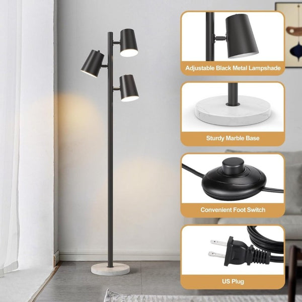 English Elm Modern Three Head Floor Lamp with Marble Base Black Pole 62 Inch Living Room Lighting T6202P542083