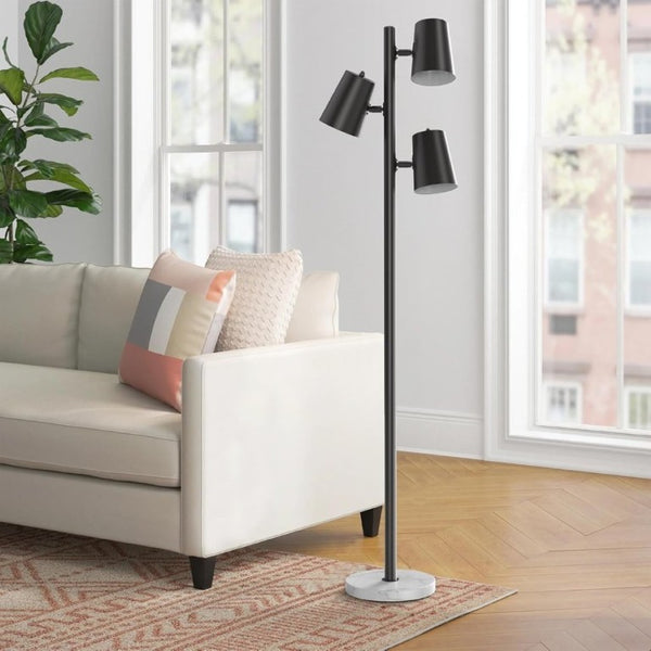 English Elm Modern Three Head Floor Lamp with Marble Base Black Pole 62 Inch Living Room Lighting T6202P542083