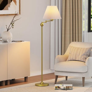 English Elm 64.25 Inch Mid-Century Swing Arm Floor Lamp Gold Metal Base White Pleated Shade T6202P542495