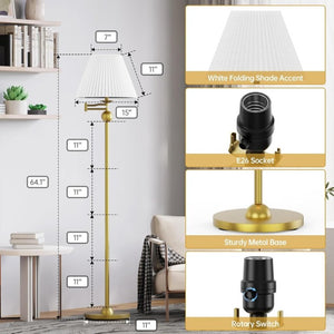 English Elm 64.25 Inch Mid-Century Swing Arm Floor Lamp Gold Metal Base White Pleated Shade T6202P542495