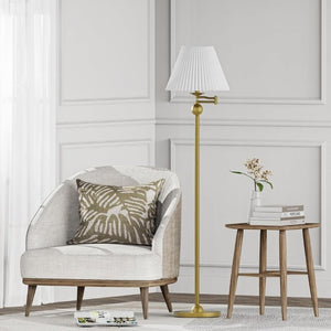 English Elm 64.25 Inch Mid-Century Swing Arm Floor Lamp Gold Metal Base White Pleated Shade T6202P542495