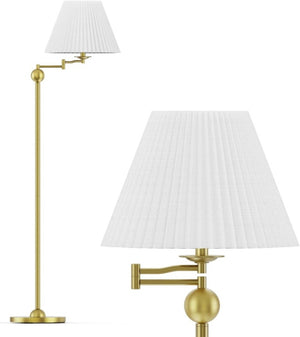 English Elm 64.25 Inch Mid-Century Swing Arm Floor Lamp Gold Metal Base White Pleated Shade T6202P542495