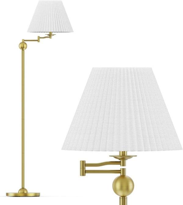 English Elm 64.25 Inch Mid-Century Swing Arm Floor Lamp Gold Metal Base White Pleated Shade T6202P542495