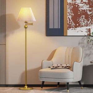 English Elm 64.25 Inch Mid-Century Swing Arm Floor Lamp Gold Metal Base White Pleated Shade T6202P542495