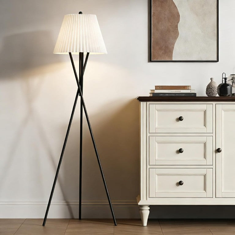 English Elm 66 Inch Tripod Floor Lamp Pleated White Shade Black Metal Base Minimalist Bedroom Light T6202P542506