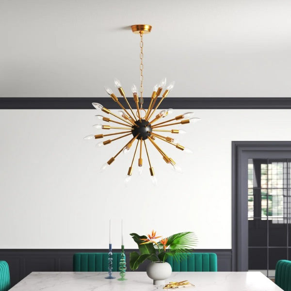 English Elm 8-Light Sputnik Chandelier Brushed Brass Matte Black Starburst Mid-Century Dining Room T6202P542520