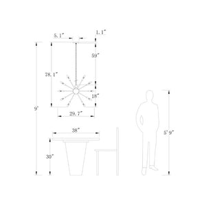 English Elm 8-Light Sputnik Chandelier Brushed Brass Matte Black Starburst Mid-Century Dining Room T6202P542520