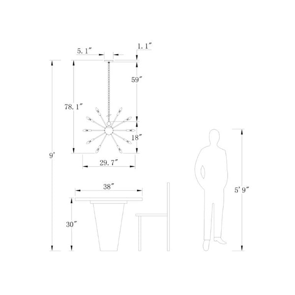 English Elm 8-Light Sputnik Chandelier Brushed Brass Matte Black Starburst Mid-Century Dining Room T6202P542520