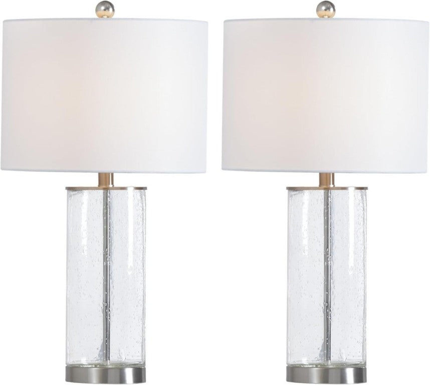 English Elm 23.25 Inch Seeded Bubble Glass Table Lamp Set Two Dimmable Nickel Bedside Lights T6202P542529