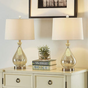 English Elm 23 Inch Handcrafted Water Glass Table Lamp Set Linen Shade Polished Nickel Bedroom Pair T6202P542539