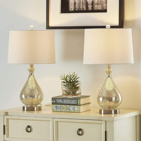 English Elm 23 Inch Handcrafted Water Glass Table Lamp Set Linen Shade Polished Nickel Bedroom Pair T6202P542539