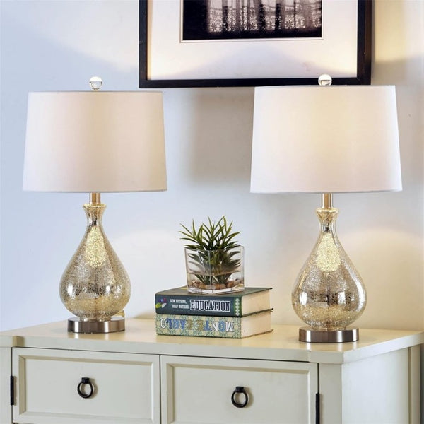 English Elm 23 Inch Handcrafted Water Glass Table Lamp Set Linen Shade Polished Nickel Bedroom Pair T6202P542539