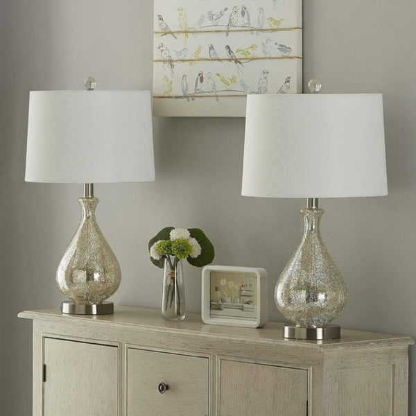 English Elm 23 Inch Handcrafted Water Glass Table Lamp Set Linen Shade Polished Nickel Bedroom Pair T6202P542539